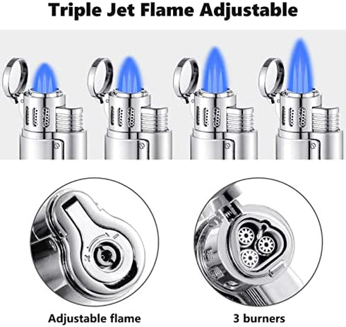 Torch Lighter, Butane Refillable Triple Jet Flame Adjustable Windproof Lighter with Puncher, Cigar Cutter and Lighter Set, Gifts for Men- Butane Gas Not Included