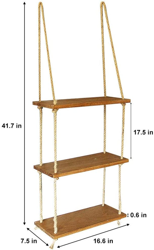SAND MINE 3 Tier Wood Hanging Shelf, Floating Wall Swing Storage Shelves, Jute Rope Organizer Rack, Wall Shelf Plant Shelf Rope Shelf Storage Shelf Swing Shelf Floating Shelves Handmade Shelves