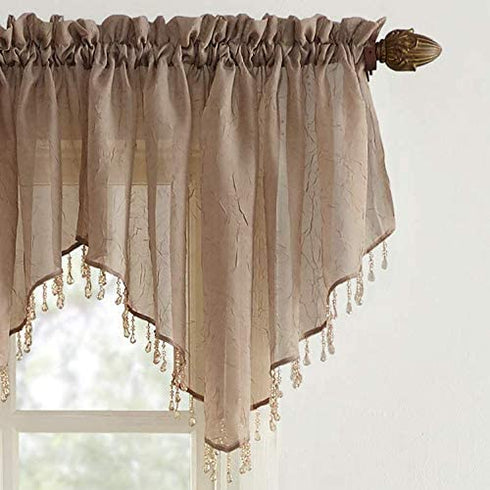 No. 918 25908 Erica Crushed Texture Sheer Voile Beaded Ascot Rod Pocket Curtain Valance, 51" x 24", Taupe
