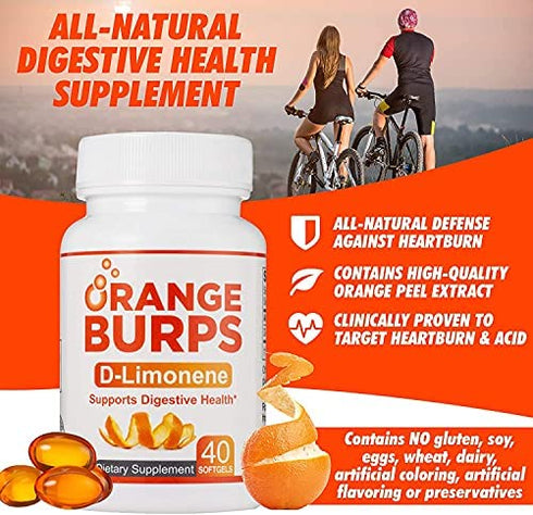 Orange Burps D-Limonene Softgels | Orange Peel Extract for Digestive Health | Non-Harmful Solution for Acid Reflux & Heartburn | Easy-to-swallow & each Bottle Contains 500mg, 40 Capsules | Gluten-Free