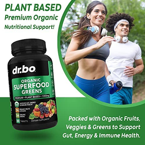 Organic Superfood Greens & Fruit Supplements - Energy Super Food Fruits and Veggies Supplement Tablets - Daily Green Veggie Powder Blend Plus Vegetable Foods Alfalfa, Spinach, Cabbage & Spirulina Tabs