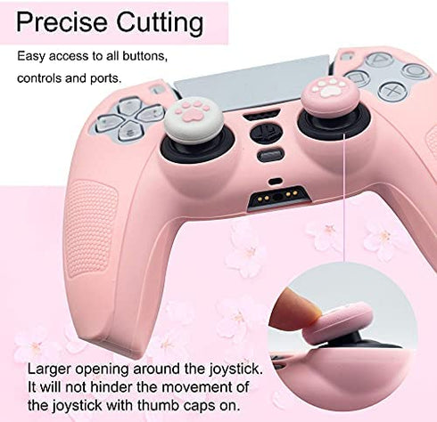 BRHE PS5 Controller Skin Grip Cover Anti-Slip Silicone Protector Rubber Case Cute Kawaii Accessories Set Gamepad Joystick Shell with 2 Thumb Grip Caps (Full Covered, Pink)