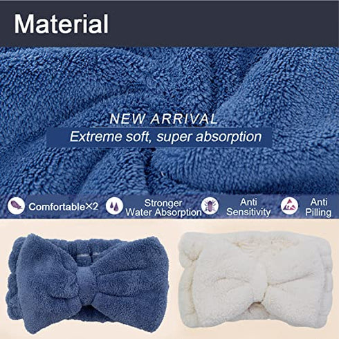 Chloven 2 Pack Microfiber Bowtie Headbands Facial Makeup Headband Cosmetic Bowknot Hairlace Wash Spa Yoga Sports Shower Adjustable Elastic Hair Band for Girls and Women