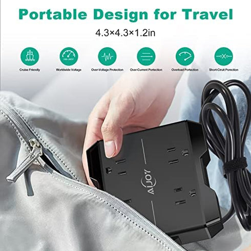 Power Strip with USB C, Aijoy 4 Outlets and 4 USB Ports, Desktop Charging Station with 20W USB C, 5 ft Extension Cord, Compact for Travel, Cruise Ship, Dorm Rooms, and Office, Black