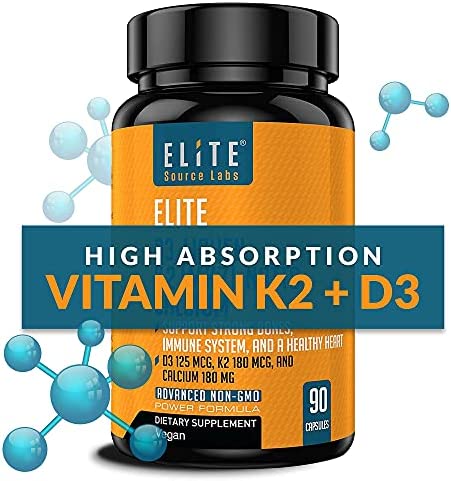 Elite Vitamin D3 K2 MK7 - Support Your Bones, Vitamin D Levels, Heart, and Immune System with Vegan Lichen Vitamin D3 5000 IU and Vitamin K2 MK-7 180 Mcg with Calcium Citrate. 90 Capsules