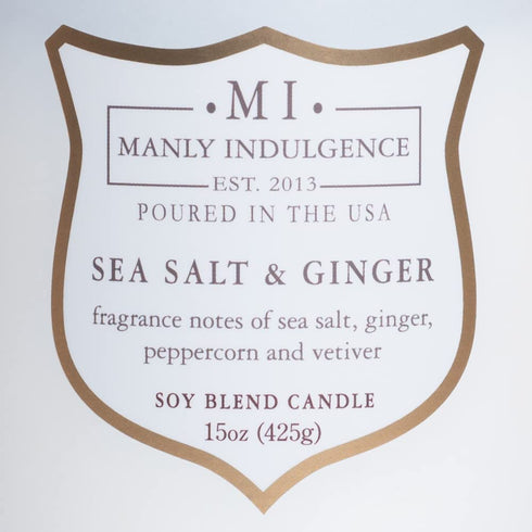 Manly Indulgence Sea Salt & Ginger Scented Jar Candle, Signature Collection, Soy Wax Blend, Wooden Wick, 15oz, White