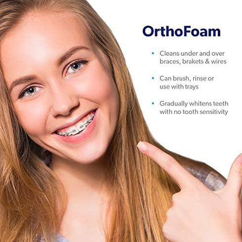 OrthoFoam Braces Cleaner - Cleans Under Metal, Ceramic or Clear Brackets & Wires. Can Brush or Rinse With & Use in Trays. Foaming Bubbles Whiten Teeth & Fight Plaque (1 Pack - 25 ml)