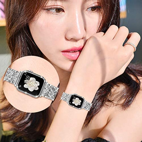 Mosonio Compatible with Apple Watch Band 40mm with Case Women, Jewelry Replacement Metal Wristband Strap with 2 Pack Bling PC Protective Cover for iWatch Series 6/5/4(Silver)