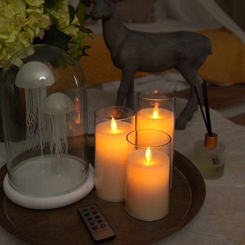 Homemory Flickering Flameless Candles, Battery Operated Acrylic LED Pillar Candles with Remote Control and Timer, Ivory White, Set of 3