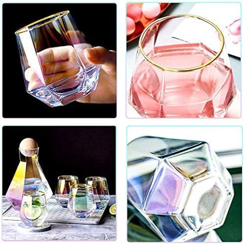 Christmas Diamond Whiskey Glasses Wine Glass Set Of 2(10Oz)Rocks Glass,with Gold Rim Stemless,Iridescent Glassware Crystal Material Tumblers,for Red Wine Bourbon Beverage Juice Glass(2pcs )