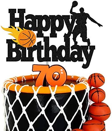 Basketball Cake Topper Happy Birthday Sign Basketball Player Scene Themed for Man Boy Birthday Party Supplies Double Sided Black Sparkle Decorations