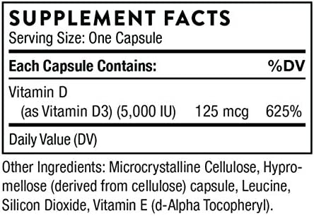 Thorne Vitamin D-5000 - Vitamin D3 Supplement - 5,000 IU - Support Healthy Bones, Teeth, Muscles, Cardiovascular, and Immune Function - NSF Certified for Sport - Dairy-Free, Soy-Free - 60 Capsules