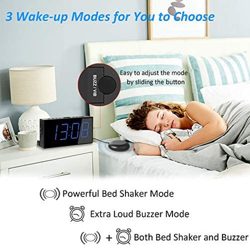 Super Loud Alarm Clock with Bed Shaker, Vibrating Alarm Clock for Heavy Sleepers Hearing Impaired Deaf Teens, Dual Alarm Clock with 7.5’’ Large Display, USB Charger, Dimmer, Snooze & Battery Backup