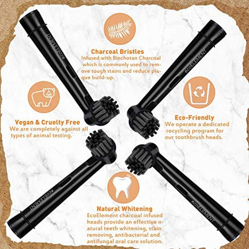 ecoELEMENT Compatible Oral B Black Replacement Heads - Pack of 4 Recyclable Charcoal Brush Heads for Oral Hygiene, Black
