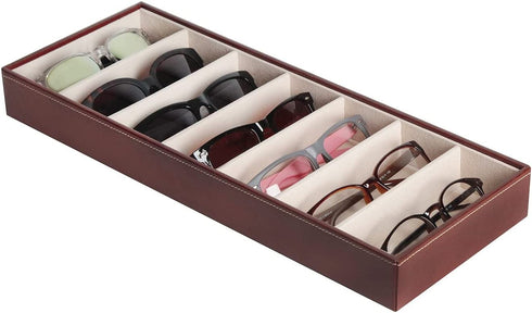 JackCubeDesign 7 Compartments Sunglasses Organizer, Leather Eyelgass Storage Tray Box for Table Desk Drawer (Brown, 17.4 x 6.7 x 1.97) - MK378B