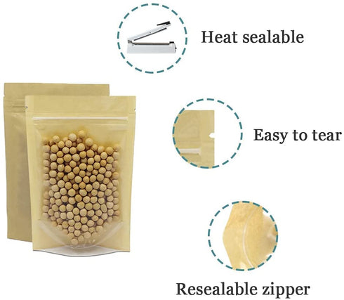 50 Pcs Clear Fornt Brown Kraft Paper for Zip Plastic Package Lock Bag Doypack Stand Up Pouch Zipper Lock Reclosable Pouch Nuts Coffee Food Storage Packaging Pack (4.7x7.9 inch)