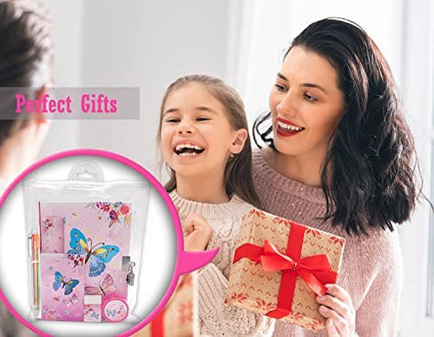 Girls Diary with Lock, Kids Journal Stationary Set for PreSchool Teen Learning Writing Drawing Age 6,8,10,12 Years Butterfly Gift with Notebook Memo NotePad Six Multicolored Pen Ruler Sharpener Eraser