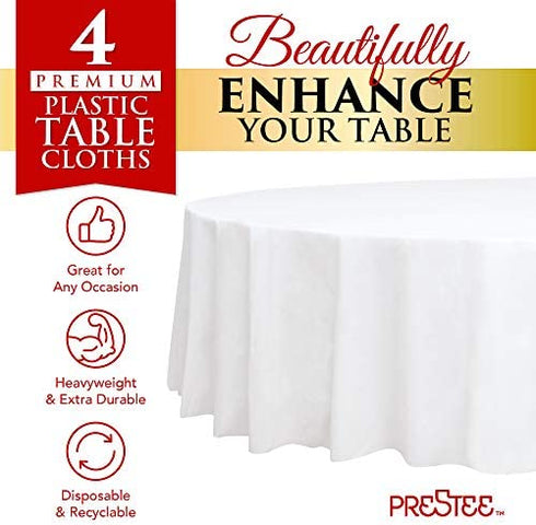 4 White Round Plastic Tablecloth - 84" Plastic Table Cloth | Disposable Tablecloths | White Tablecloths | Plastic Table Cover | Paper Tablecloths for BBQ, Party, Fine Dining, Wedding, Outdoor
