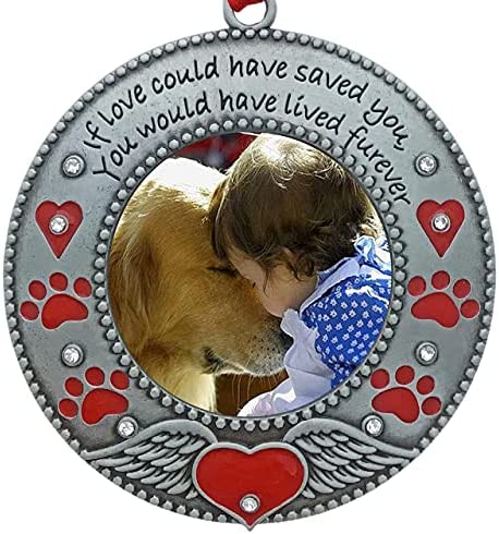 In Loving Memory Pet Ornament - Dog Memorial Christmas Photo Ornament - Furever in My Heart - Red Hearts with Angel Wings & Paw Prints - Cat Sympathy Gifts - Loss of a Pet - Gift/Storage Bag Included