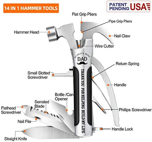 VEITORLD All in One Survival Tools Small Hammer Multitool, Gifts for Dad from Kids Valentines Day, Unique Birthday Gift Ideas for Dad Men Him from Daughter Son, Cool Gadgets Stocking Stuffers for Men
