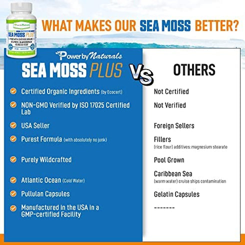 Power By Naturals Organic Sea Moss Plus + Leptin Detox Cleanse | Immune System, Thyroid Support, & Gut Health | Wildcrafted Seamoss Bladderwrack Burdock Root Capsules | 60 Irish Sea Moss Pills