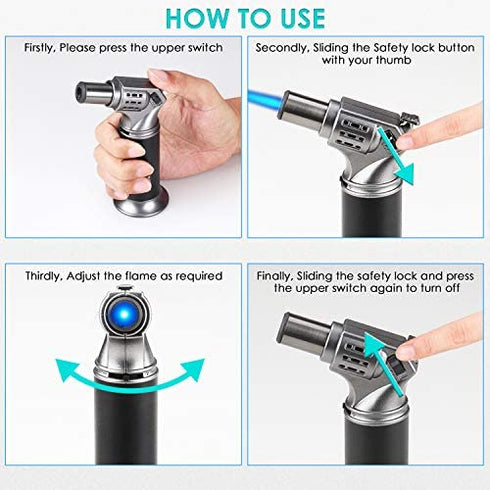 Kitchen Butane Torch, Refillable Culinary Butane Torch Lighter for Desserts, Creme Brulee, BBQ and Baking,Mini Blow Torch Lighter with Safety Lock and Adjustable Flame (Butane Gas Not Included)