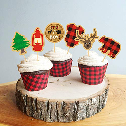 Lumberjack Baby Shower Cupcake Toppers Decorations, Buffalo Plaid Winter It's a Boy Gender Reveal Lumberjack Themed Cake Party Supplies, 48pcs