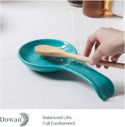DOWAN Ceramic Spoon Rest for Kitchen, 2 Pieces of Porcelain Stovetop Spoon Holder for Countertop, Turquoise Owl Ladle Rest 9.5 Inches, Dishwasher Safe Farmhouse Kitchen Decor and Accessories