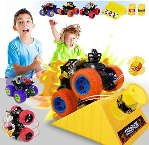 Monster Trucks Toys for Boys - Friction Powered 3-Pack Mini Push and Go Car Truck Playset for Boys Girls Toddler Aged 3 4 5 Year Old Gifts for Kids Birthday Christmas (Purple, Red, Orange, 3-Pack)