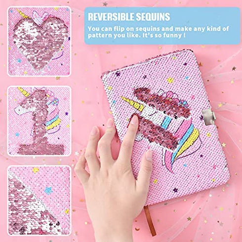 Magic Unicorn Notebook Set - Sequins Journals Unique Gift for Girls Travel School Office Notepad Memos A5 Diary Notebooks Unicorn Gel Pen Bracelet Key-chain with Locks and Keys