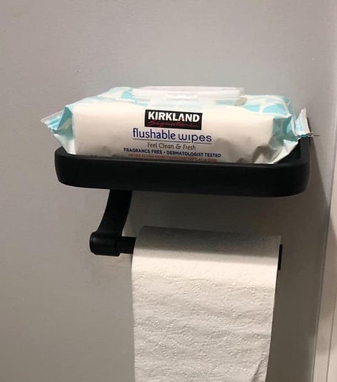Matte Black Toilet Paper Holder with Phone Shelf, GIGRIN Space Aluminum Adhesive Toilet Tissue Holder Wall Mount TP Roll Holder for RV Home Bathroom