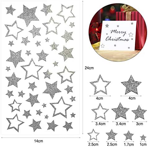KESOTE 5 Sheets Glitter Silver Star Stickers, Self-Adhesive Assorted Star Labels for Handicrafts Christmas Decoration, Classroom Teacher Supplies