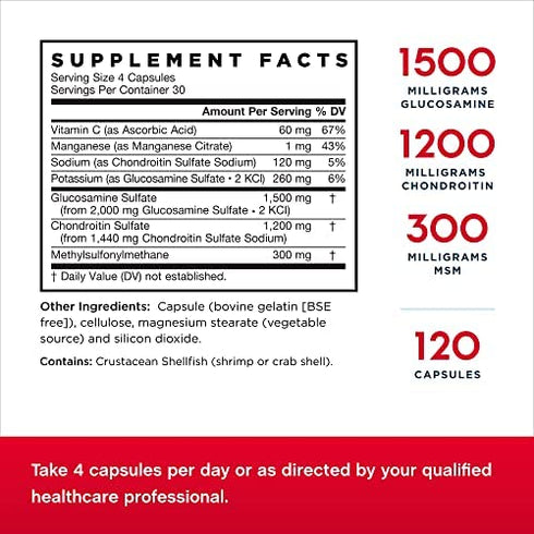 Jarrow Formulas Glucosamine + Chondroitin + MSM - 120 Capsules - Nutrient Support of Joint Health - With Vitamin C & Manganese - 30 Servings