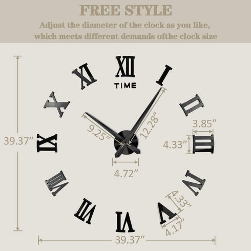 VANGOLD Large 3D DIY Wall Clock Roman Numerals Clock Frameless Mirror Surface Wall Sticker Home Decor for Living Room Bedroom