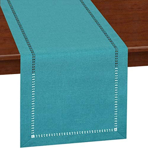 Grelucgo Handmade Hemstitch Teal Table Runner Dresser Scarf, Rectangular 14 by 54 Inch