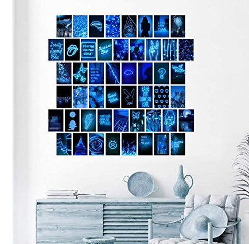 Blue Neon Wall Collage Kit Aesthetic Pictures, Aesthetic Room Decor, Bedroom Decor for Teen Girls, Wall Collage Kit, VSCO Room Decor, Photo Wall, Aesthetic Posters, Collage Kit