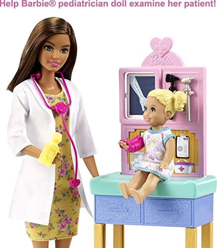 Barbie Pediatrician Playset, Brunette Doll (12-in), Exam Table, X-ray, Stethoscope, Tool, Clip Board, Patient Doll, Teddy Bear, Great Gift for Ages 3 Years Old & Up , White