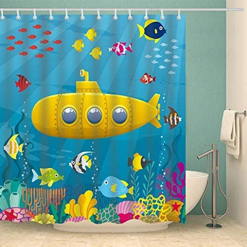 Fangkun Cartoon Submarine Design Shower Curtain Art Bathroom Decor - Polyester Fabric Bath Curtains Set - 12pcs Hooks - 72 x 72 inches