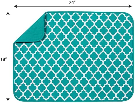 S&T INC. Absorbent, Reversible XL Microfiber Dish Drying Mat for Kitchen, 18 Inch x 24 Inch, Teal Trellis