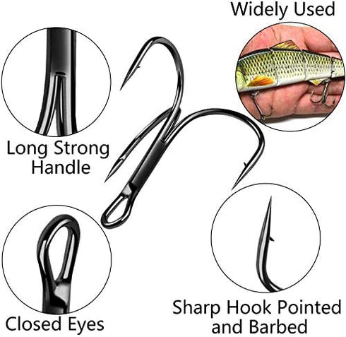 Black Treble Hooks Kit, 150pcs Sharp Treble Fishing Hooks Set High Carbon Steel Classic Round Bend Triple Fish Hooks Set for Catfish Saltwater Freshwater Size 4 6 8 10 12