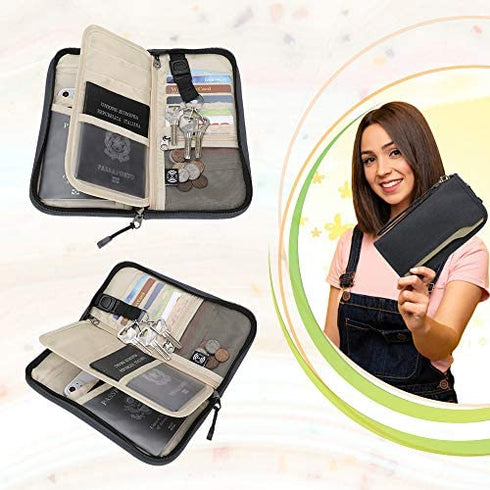 ZOPPEN RFID Travel Passport Wallet & Documents Organizer Zipper Case with Removable Wristlet Strap