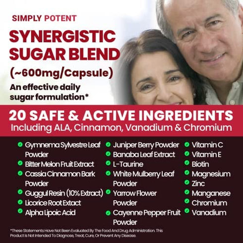Sugar Pro Supplement, 20 Herb & Vitamin Blend with Cinnamon, Alpha Lipoic Acid (ALA), Bitter Melon, Chromium & Gymnema to Balance Sugar Levels