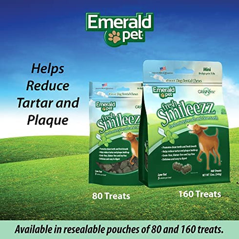 Emerald Pet Fresh Smileezz Grain Free Dog Dental Treats — Minty Fresh Breath and Clean Teeth for Puppies and Small Dog Breeds — Made in USA Mini, 6 Oz