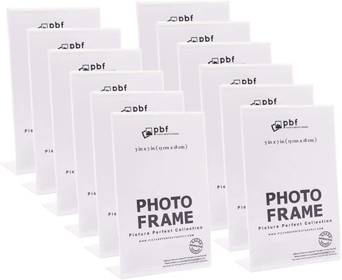 Photo Booth Frames - 5x7 Inch Clear Acrylic Display, Slanted Back Vertical Standing Plastic Picture or Display Sign Holder with Inserts - 12 Count