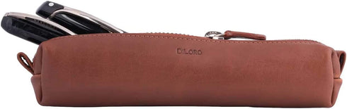 DiLoro Leather Zippered Fountain Ballpoint Rollerball Pens and Pencils Case Holder Pouch Genuine Full Grain Soft Nappa Leather (Bugatti Tan)