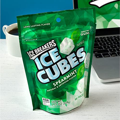 ICE BREAKERS ICE CUBES Spearmint Sugar Free Chewing Gum, Made with Xylitol, 8.11 oz Pouch (100 Pieces)