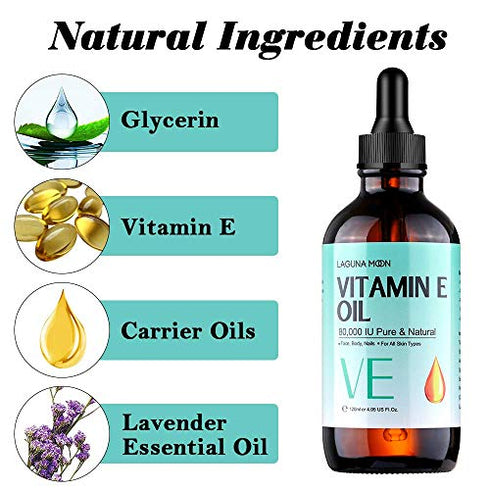 Vitamin E Facial Oil - 80000IU Pure Organic Vitamin E for Moisturizing & Nourishment - Reduce Scars, Fine Lines, Dark Spots, Stretch Marks - for Face, Skin, Body & Nails (120mL / 4.05fl oz)