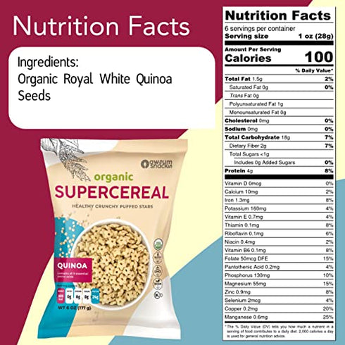 Awsum Snacks Quinoa SUPERCEREAL 6oz bag - Vegan Gluten Free & Sugar Free Cereals - Diabetic Kosher Healthy Snack - One Ingredient Cereal Puffed Quinoa Plain