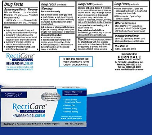 RectiCare Advanced Hemorrhoidal Cream: Advanced Treatment to Shrink & Soothe Hemorrhoids - Itch, Pain, & Burn Relief - 30g Hemorrhoidal Cream with Lidocaine