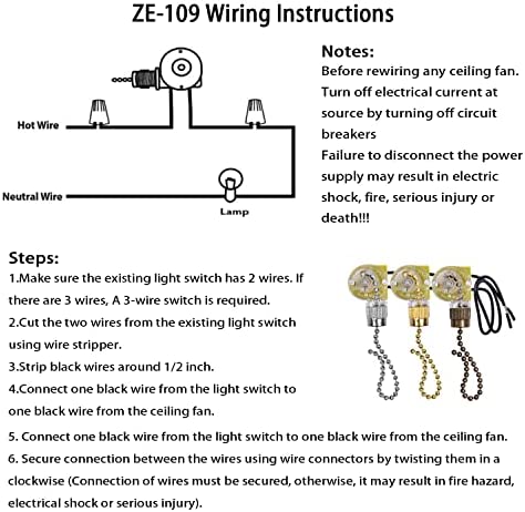 Ceiling Fan Light Switch Zing Ear ZE-109 Two-Wire Light Switch with Pull Cords for Ceiling Light Fans Lamps and Wall Lights Pull Chain Switch Control Replacement On-Off with Pull Chain,2 Pcs Bronze